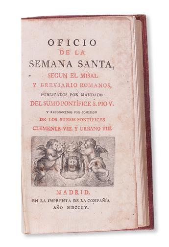 BINDING.  Officium in festo Nativitatis Domini.  1805 + Oficio de la Semana Santa.  1805. Both in red morocco with arms of a cardinal.